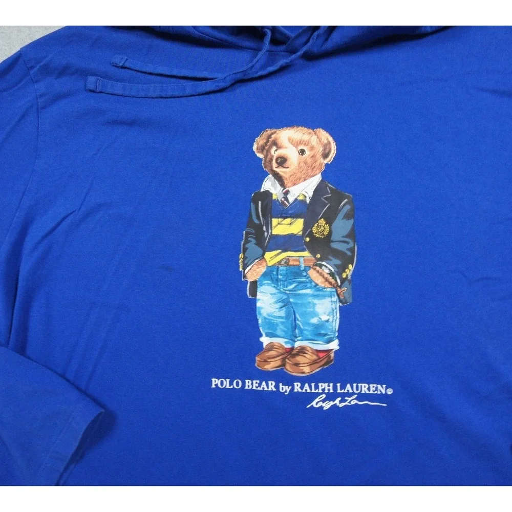 Polo Ralph Lauren Shirt Mens 2XL XXL Blue Long Sleeve Hooded Polo Bear Tee Adult